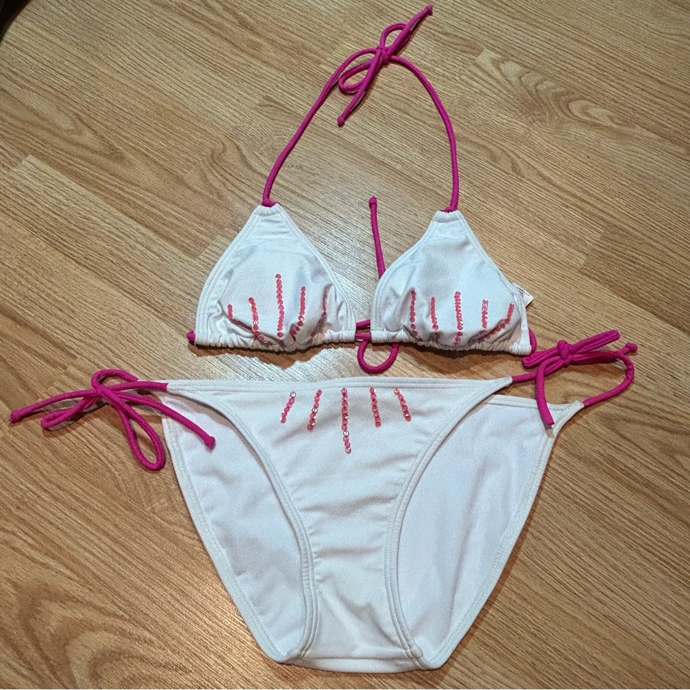 Vanity two piece bikini‎ set white pink sequins L/XL